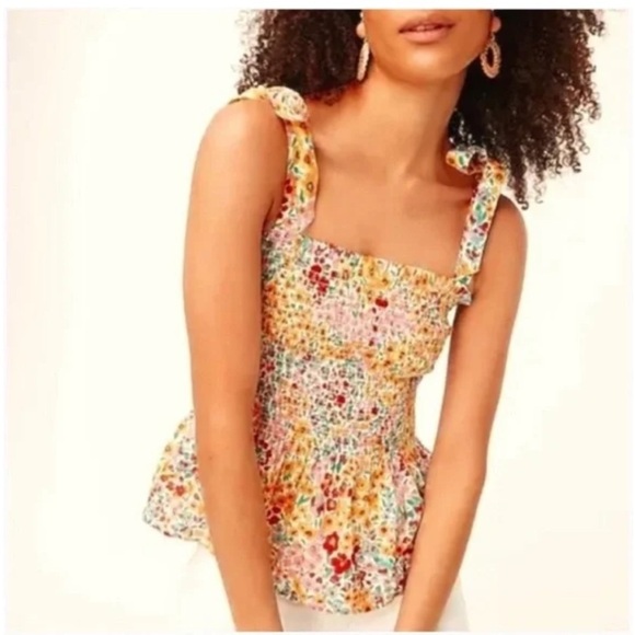 J Crew Factory Smocked Tie Shoulder Colorful Floral Tank Top - Picture 1 of 9